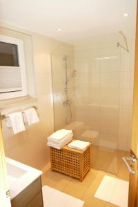 a bathroom with a shower and a toilet and a sink at Apartment am Faaker See in Egg am Faaker See