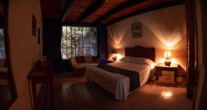 Hotel La Posada del Valle في تيبوزتلان: غرفة نوم بسرير وكرسي ونافذة