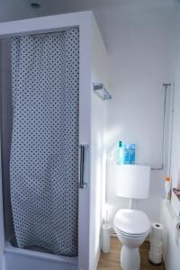 baño con aseo y puerta de ducha de cristal en rooms lux city, en Luxemburgo