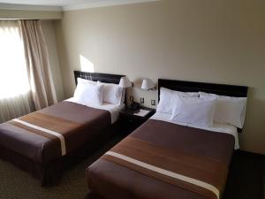um quarto de hotel com duas camas e uma janela em Hotel Diego de Almagro Alto el Loa Calama em Calama