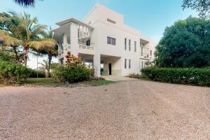 普拉森西亞的住宿－Garden @ Casa Nettuno，棕榈树的白色房子和砾石车道