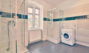 bagno con lavatrice e doccia di Appartements Maximilian a Göstling an der Ybbs