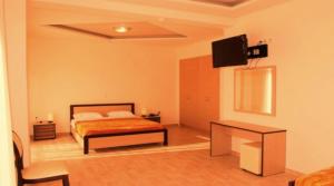 um quarto com uma cama e uma televisão de ecrã plano em Hotel Victoria em Kilkis