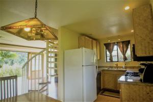 a kitchen with a white refrigerator and a chandelier at The Inn at Kulaniapia Falls in Hilo