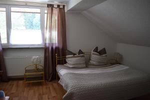 ein Schlafzimmer mit einem Bett mit Kissen und einem Fenster in der Unterkunft Bergbaude Albrechts in Albrechts