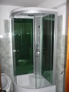 La salle de bains est pourvue d'une douche en verre et de toilettes. dans l'établissement Motel Balcost, à Piatra Neamţ
