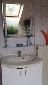 La salle de bains est pourvue d'un lavabo avec miroir et d'une fenêtre. dans l'établissement Pension Rosenblick, à Mörlenbach