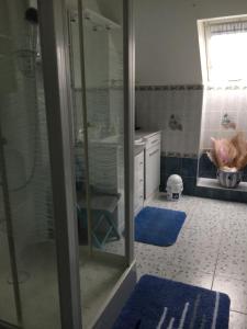 La salle de bains est pourvue d'une douche et de tapis bleus. dans l'établissement La Maison s'apelle le P'tit Nid, à Granville