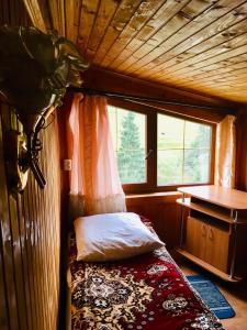 a small bedroom with a bed and a desk at U Daryny in Yablunytsya