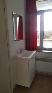 ein Bad mit einem weißen Waschbecken und einem Fenster in der Unterkunft Cool Central Apartment in Brüssel