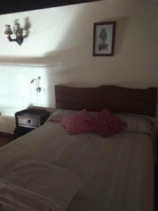 Un dormitorio con una cama con un vestido rosa. en Entre las Piedras y musgo, en Muñopepe