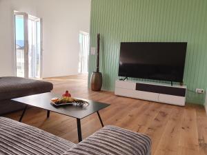 a living room with a large flat screen tv at Wohnstation President Suite in Subingen