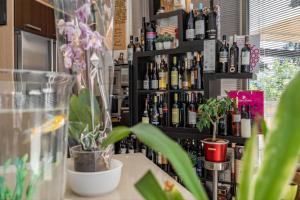 a shelf of bottles of wine in a room with plants at Akivillas Azeitao Relax in Azeitao