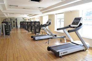 a gym with a row of treadmills and ellipticals at Pakhtakor Athletics hotel in Tashkent