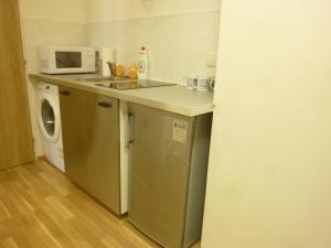 eine Küche mit einer Mikrowelle und einer Waschmaschine in der Unterkunft Apartmán VAN NG in Prag