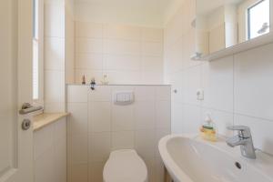 a white bathroom with a sink and a toilet at Ferienhaus Rotmilan in Vieregge +16 photos