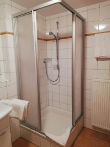 ein Bad mit einer Dusche und einer Glastür in der Unterkunft Dorf-Quartier in Willingen