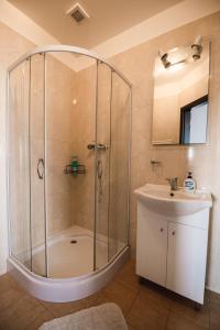 ein Bad mit einer Dusche und einem Waschbecken in der Unterkunft Motel ARD in Sarovce