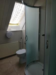 a bathroom with a toilet and a glass shower at Chata Baby Jagi in Krzywe +39 photos