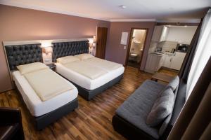 ein Hotelzimmer mit 2 Betten und einem Sofa in der Unterkunft ZUM ZIEL Hotel Grenzach-Wyhlen bei Basel in Grenzach-Wyhlen