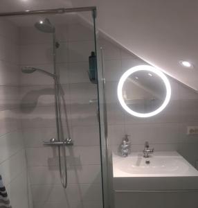 een badkamer met een douche, een wastafel en een spiegel bij Glass roof private loft in Tromsø in Tromsø