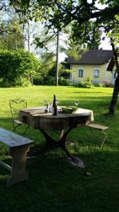 un tavolo da picnic con una bottiglia di vino appoggiata sopra di Appartements Maximilian a Göstling an der Ybbs