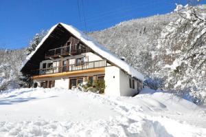 a house covered in snow in front of a mountain at La Grange Aux Loups in Queige