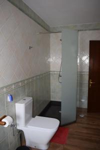 a bathroom with a white toilet and a shower at Apartamento Tabayba Arena in Punta Mujeres
