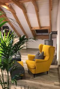ein gelber Stuhl und eine Pflanze in einem Raum in der Unterkunft Penthaus Regine in Bruchhausen