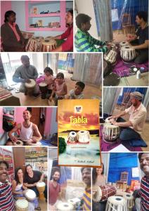 a collage of photos of people playing drums at Ganga Paying Guest House in Varanasi