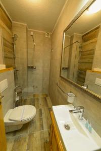 ein Badezimmer mit einem WC, einem Waschbecken und einem Spiegel in der Unterkunft VIR Villa in Kruševac