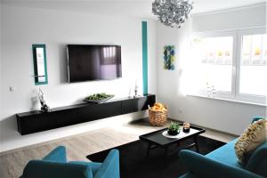 sala de estar con TV y sillas azules en REBENBLÄTTLE en Bad Dürkheim