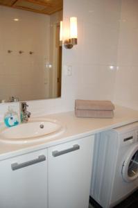 a bathroom with a sink and a washing machine at Ruka Chalets 1201 in Ruka