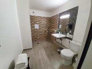 a bathroom with a toilet and a sink at Kyriad Saint Fargeau Ponthierry - Apollonia in Saint-Fargeau-Ponthierry