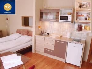 ハイドゥソボスローにあるLola Studio Apartmanの小さなキッチン(ベッド1台、電子レンジ付)