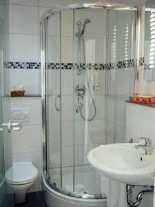 y baño con ducha, lavabo y aseo. en Hotel Garni Ammergauer Hof, en Oberammergau