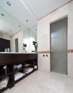 a bathroom with a shower and a large mirror at GPRO Valparaiso Palace & Spa in Palma de Mallorca