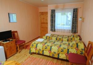 a bedroom with a bed and a window and a television at Villa Ene in Pärnu