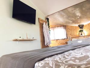 um quarto com uma cama e uma televisão de ecrã plano na parede em REnt Room Wood em Anguillara Sabazia