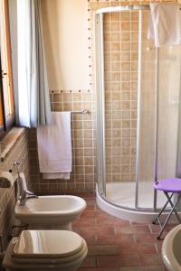 y baño con ducha, aseo y lavamanos. en La Locanda dei Gagliardi en Lugo