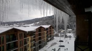 Une bande de pesticides suspendus à un bâtiment dans la neige dans l'établissement Salome's Apartment at Bakuriani Residence, à Bakuriani