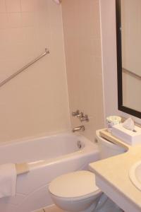 uma casa de banho com um WC, uma banheira e um lavatório. em Coronet Hotel em Prince Albert