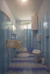a blue tiled bathroom with a toilet and a shower at Apartments Andrea in Dramalj