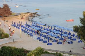 una spiaggia con sedie blu e ombrelloni di Hotel Royal - Beauty & Spa a Porto Cesareo