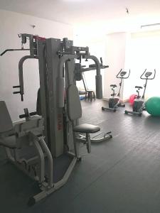 a gym with several tread machines in a room at Mansion One, Private Room in George Town