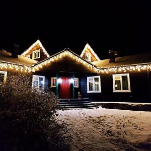 a house with christmas lights on the front of it at Zaykina Dacha in Konchezero