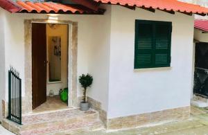 een wit huis met een groene deur en een potplant bij Chalet del Centro in Napels