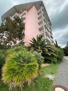 a pink building with palm trees in front of it at Sea view apartment Jadranka in Portorož