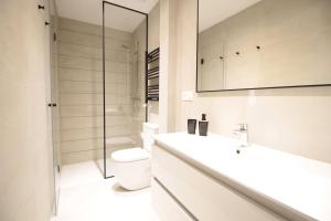 bagno con servizi igienici, lavandino e specchio di SunSet Bastian Apartment a San Sebastián