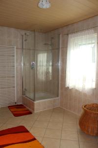 ein Bad mit einer Dusche und einer Glastür in der Unterkunft Ferienhaus Erika in Graupa